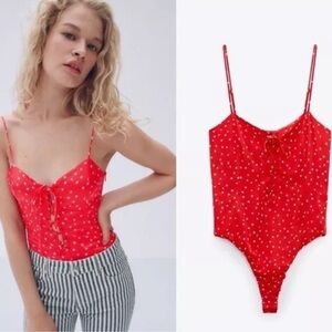 Zara Red Lace Up Satin Effect Star Print Bodysuit Side Zip Size Medium